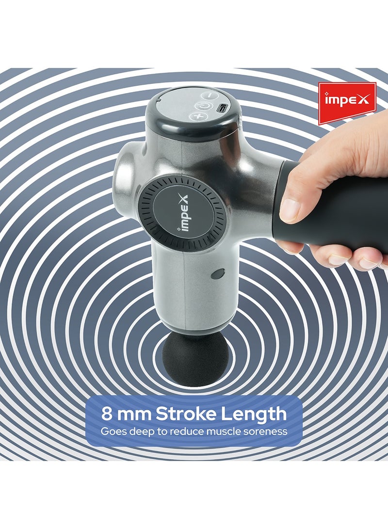 إمبكس جهاز استرخاء محمول بقدرة عالية للعناية بالجسم مع 8 رؤوس متعددة وسرعات قابلة للتعديل، بطارية 1800 مللي أمبير، شاشة رقمية، شحن تايب C – PMG 8 – أسود وفضي - Image 3