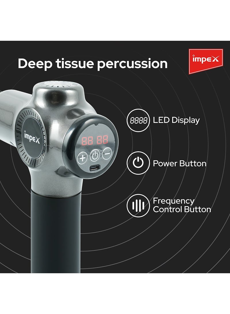 إمبكس جهاز استرخاء محمول بقدرة عالية للعناية بالجسم مع 8 رؤوس متعددة وسرعات قابلة للتعديل، بطارية 1800 مللي أمبير، شاشة رقمية، شحن تايب C – PMG 8 – أسود وفضي - Image 4