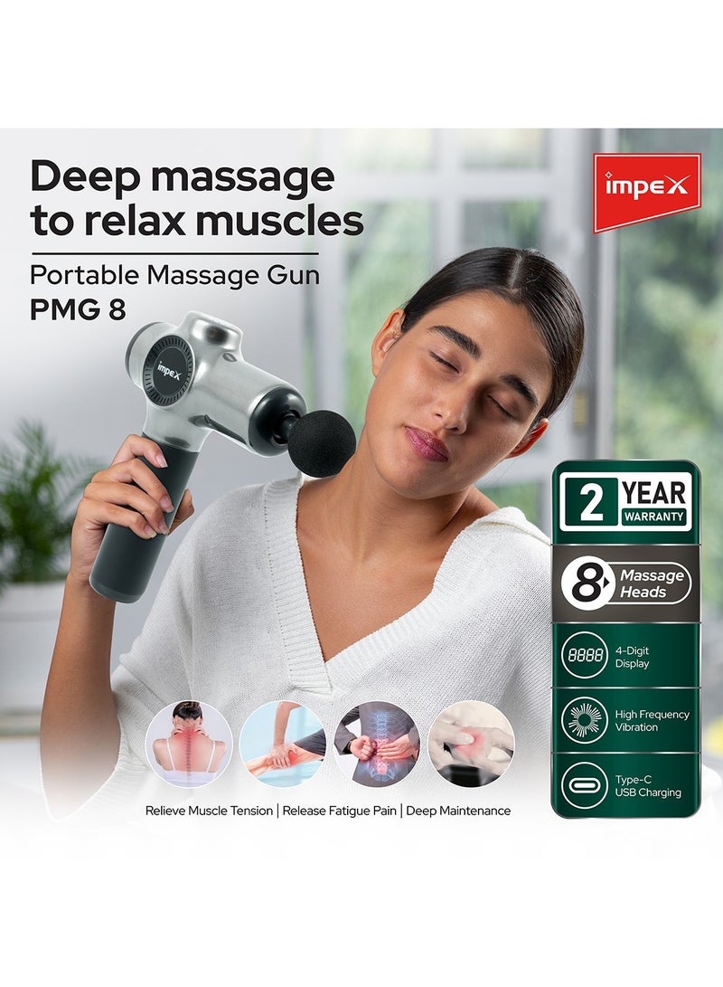 إمبكس جهاز استرخاء محمول بقدرة عالية للعناية بالجسم مع 8 رؤوس متعددة وسرعات قابلة للتعديل، بطارية 1800 مللي أمبير، شاشة رقمية، شحن تايب C – PMG 8 – أسود وفضي - Image 5