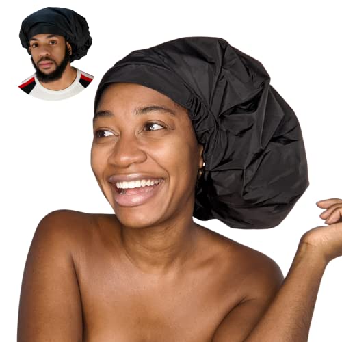 TTAT Try This an That TTAT Shower Cap Jumbo Size for Men & Women With Afro, Long Dreadlocks, Locs, Box Braids, Coily, Voluminous & Long Hair, Waterproof, Washable, Reusable & Adjustable (Black) - Image 1