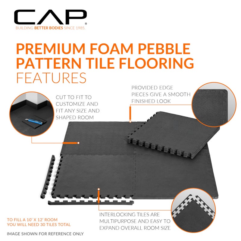 CAP Barbell 3/4-Inch Interlocking EVA Foam Exercise Puzzle Mat Home Gym Flooring - 2 Pack | 24" x 24" x 3/4" | Pebble Pattern - Black - Image 3