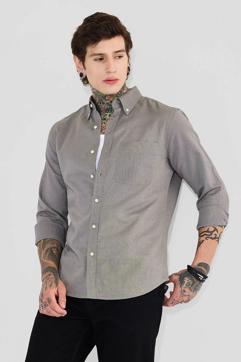 سنيتش Grey Solid Long Sleeve Slim Fit Casual Shirt