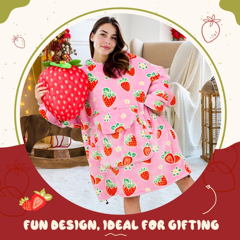 GEULAY Strawberry Blanket Hoodie for Women - Pink Wearable Blankets with Giant Pocket and Sleeves for Adults, Oversized Warm Cozy Plush Fleece Blanket Sweatshirt, Pink Birthday Gifts for Women - Image 5