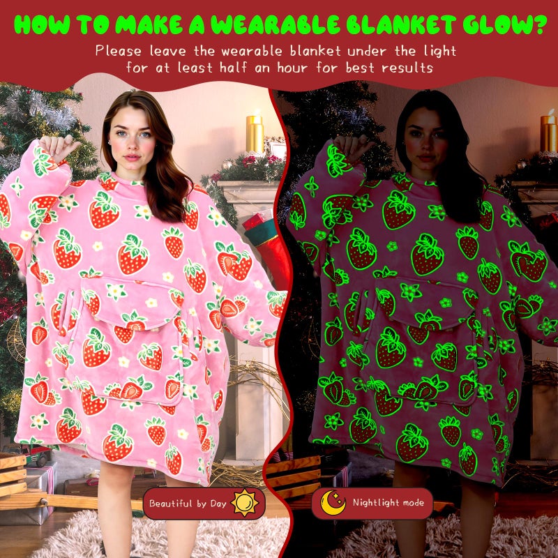 GEULAY Strawberry Blanket Hoodie for Women - Pink Wearable Blankets with Giant Pocket and Sleeves for Adults, Oversized Warm Cozy Plush Fleece Blanket Sweatshirt, Pink Birthday Gifts for Women - Image 4