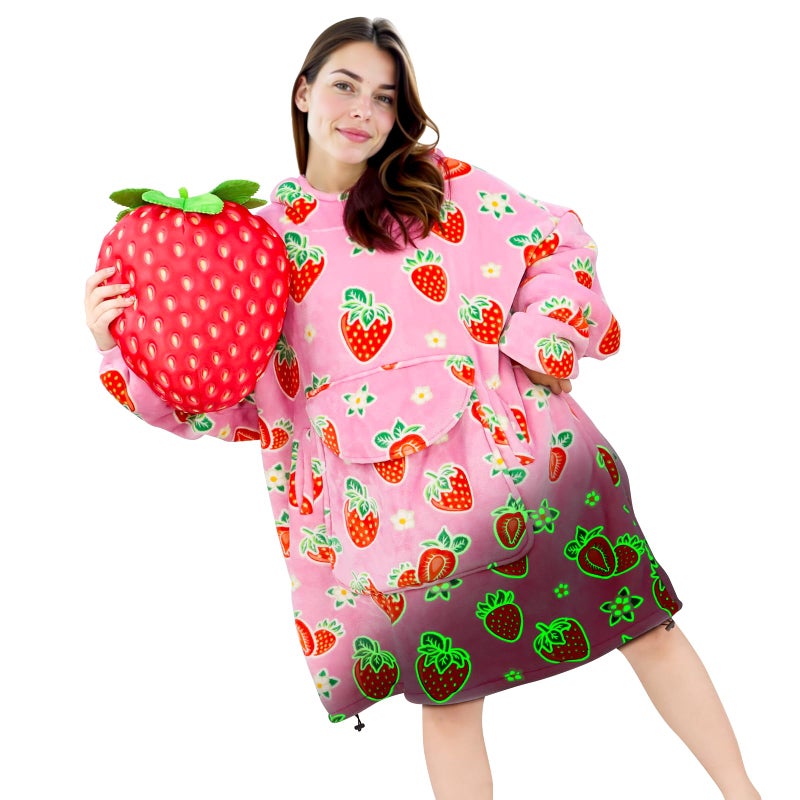 GEULAY Strawberry Blanket Hoodie for Women - Pink Wearable Blankets with Giant Pocket and Sleeves for Adults, Oversized Warm Cozy Plush Fleece Blanket Sweatshirt, Pink Birthday Gifts for Women - Image 1
