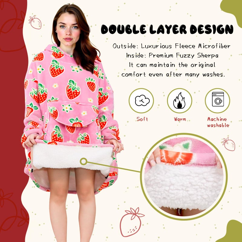 GEULAY Strawberry Blanket Hoodie for Women - Pink Wearable Blankets with Giant Pocket and Sleeves for Adults, Oversized Warm Cozy Plush Fleece Blanket Sweatshirt, Pink Birthday Gifts for Women - Image 3