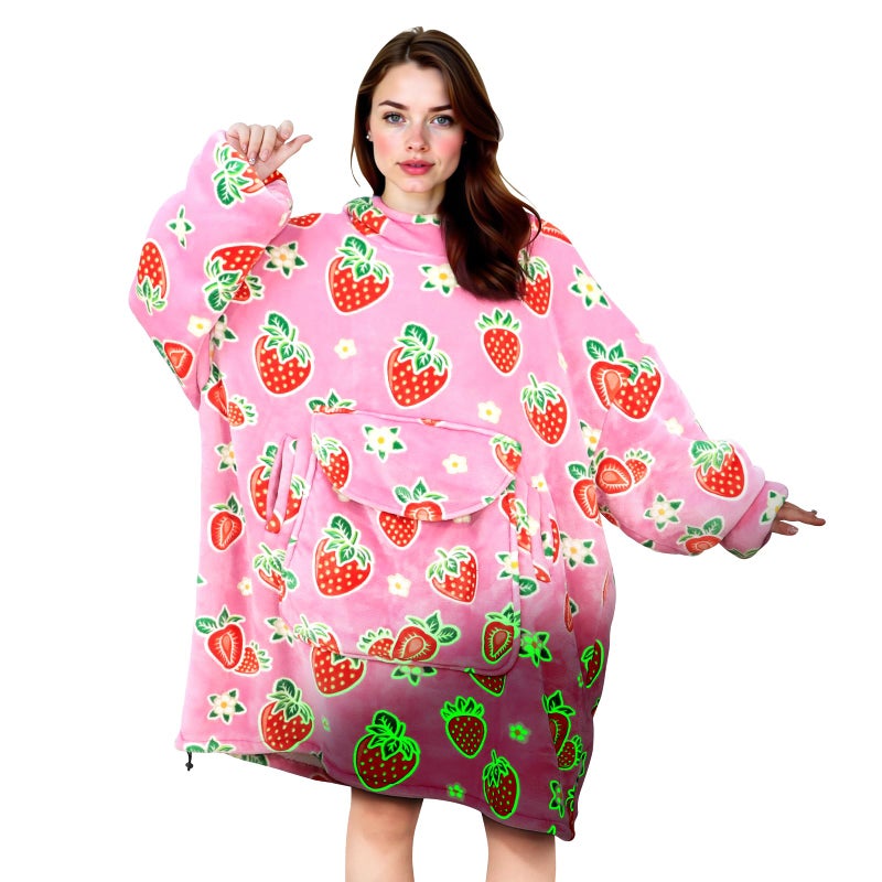 GEULAY Strawberry Blanket Hoodie for Women - Pink Wearable Blankets with Giant Pocket and Sleeves for Adults, Oversized Warm Cozy Plush Fleece Blanket Sweatshirt, Pink Birthday Gifts for Women - Image 2
