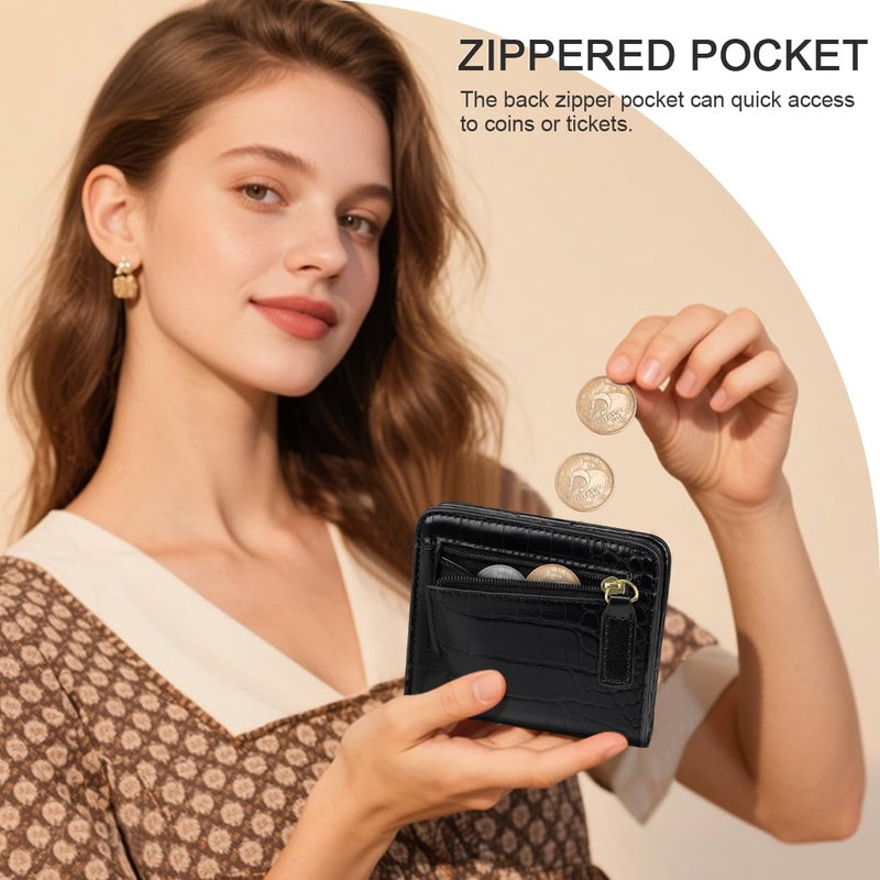 Simikol Wallet Women Small Bifold Credit Card Holder Rfid Blocking Luxury Crocodile Faux Leather Wallets Ladies Mini Purse with Zipper Coin Pocket, Black - Image 3