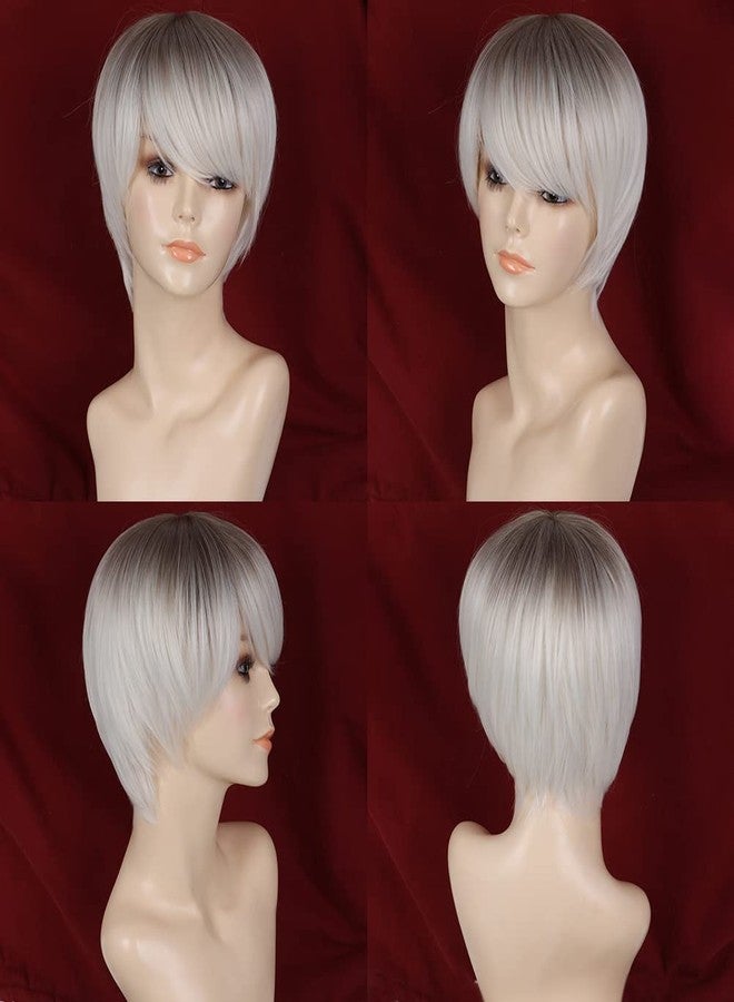 MIMAN Short Platinum Blonde Pixie Cut Wig Fluffy Short Hair Wigs with Bangs Dark Color Roots Layered Hair Replacement Natural Looking Synthetic Wig Halloween Costumes Wigs for Women - Image 4