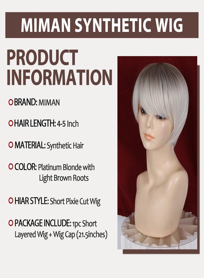 MIMAN Short Platinum Blonde Pixie Cut Wig Fluffy Short Hair Wigs with Bangs Dark Color Roots Layered Hair Replacement Natural Looking Synthetic Wig Halloween Costumes Wigs for Women - Image 3