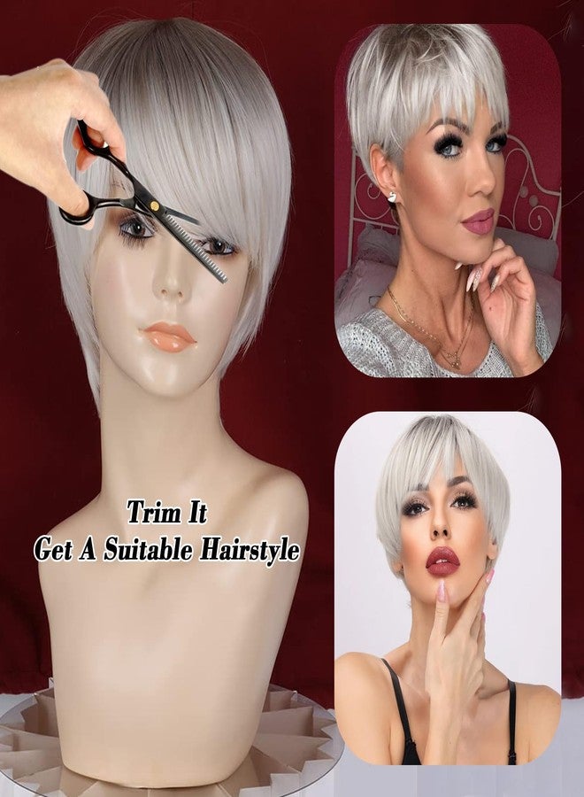 MIMAN Short Platinum Blonde Pixie Cut Wig Fluffy Short Hair Wigs with Bangs Dark Color Roots Layered Hair Replacement Natural Looking Synthetic Wig Halloween Costumes Wigs for Women - Image 5