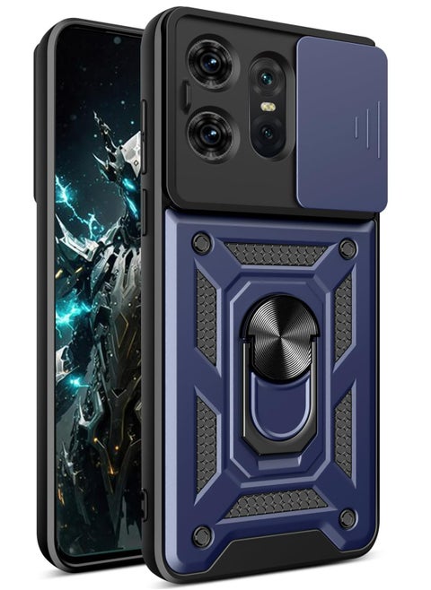 Motorola Edge 50 Pro 5G Case, Slide Camera Lens Cover + 360°Rotating Kickstand Ring + Support Magnetic Car Mount Shockproof Mobile Phone Case Blue
