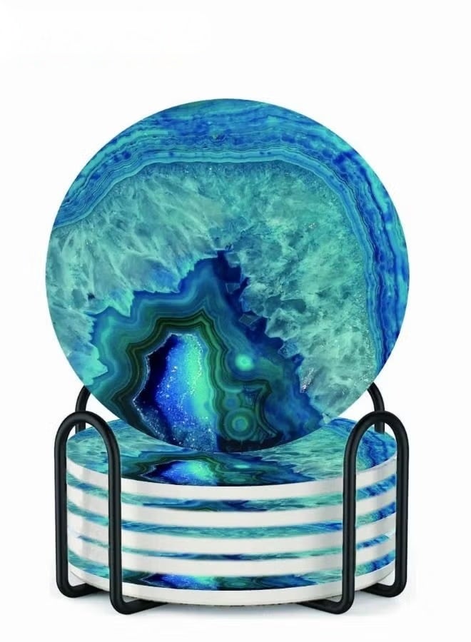EETU Drink Coasters With Holder,6-Piece Marble Ocean Coasters For Table,Ceramic Absorb Stone Coasters With Cork Base,4 Inches,Ceramic Coasters,Suitable For Kinds Of Cups - Image 1