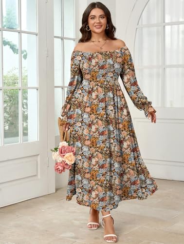 SHESTARR Women's Plus Size Maxi Dress Long Sleeve Square Neck Smocked Flowy A-Line Boho Wedding Party Maxi Dress - Image 3