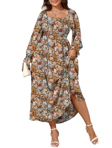 SHESTARR Women's Plus Size Maxi Dress Long Sleeve Square Neck Smocked Flowy A-Line Boho Wedding Party Maxi Dress - Image 1