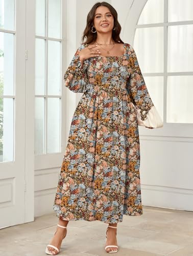 SHESTARR Women's Plus Size Maxi Dress Long Sleeve Square Neck Smocked Flowy A-Line Boho Wedding Party Maxi Dress - Image 5