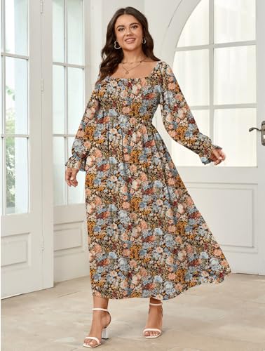 SHESTARR Women's Plus Size Maxi Dress Long Sleeve Square Neck Smocked Flowy A-Line Boho Wedding Party Maxi Dress - Image 2