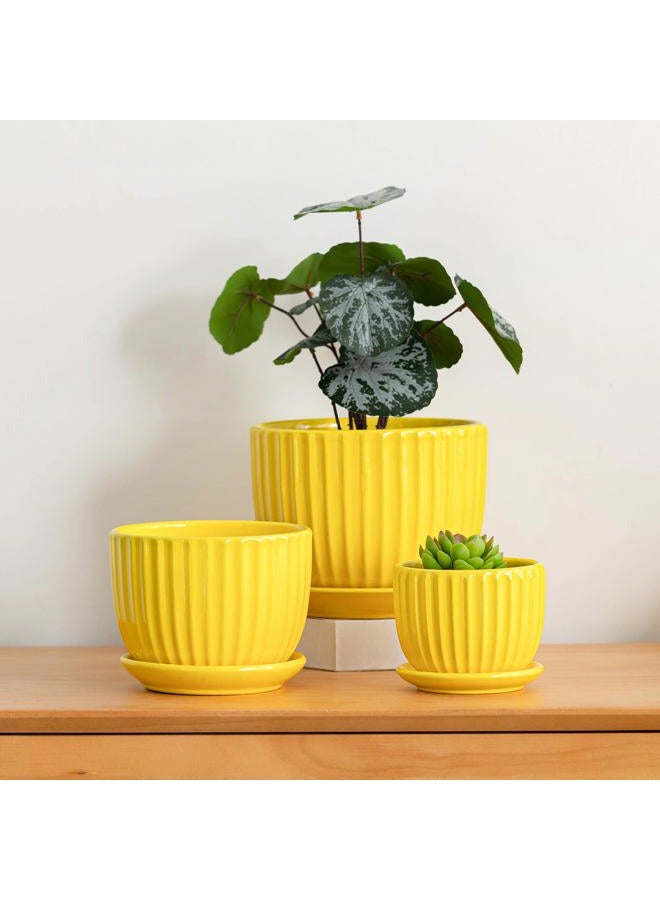 Ton Sin Ceramic Flower Pots,Yellow Plant Pots for Indoor Plants,4.1+5.1+6.5 inch Ceramic Plant Pots with Tray,Medium Indoor Planters for Aloe Cactus Decorative Pots with Drainage Hole (Set of 3) - Image 5