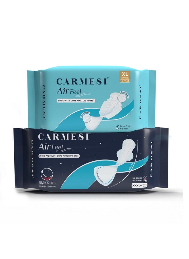 CARMESI Day-To-Night Protection Combo | 10 Xl Air Feel Pads And 8 Xxxl+ Air Feel Night Pads | Airy, Dry, Sweat-Free & Rash-Free | Extra-Long | Wide Back | Soft & Ultra-Thin | Super-Absorbent Core  - Image 1