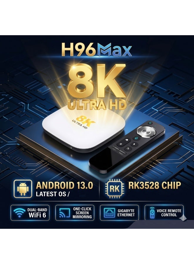 اتش 96 ماكس جهاز تلفاز ذكي H96 Max بدقة 8K ونظام أندرويد 13 (موديل جديد 2026) مع شريحة RK3528، واي فاي 6 وإيثرنت 1000M، جهاز تحكم عن بعد صوتي - Image 1