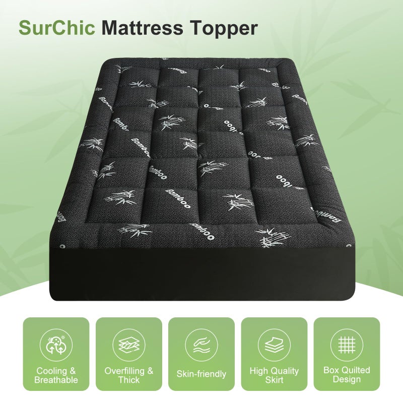 SurChic Full Size Mattress Topper Viscose Derived from Bamboo, Soft Thick Pillow Top Mattress Pad Cover for Back Pain, Cooling Mattress Protector with 8-21 Inch Deep Pocket, Dark Grey - Image 4