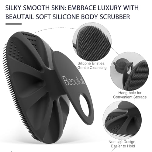 BEAUTAIL Silicone Body Scrubber Shower Bath Wash Brush Gentle Exfoliating Scrub Cleansing Loofah for Women Men Baby Sensitive Skin, Easy to Clean, Lather Nicely, More Hygienic, 1 Pack, Black - Image 4