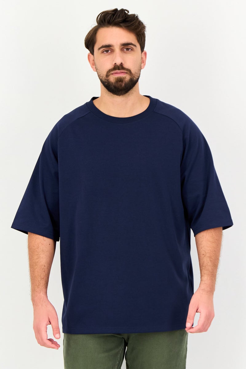 Algspar Men Crew Neck Plain Short Sleeve T-Shirt, Navy - Image 1