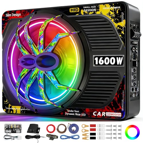 TZGBASS 2026 Upgraded 1600W Slim Underseat Car Subwoofer and Amp Package with RGB Beat-Synced Light, Built-in Class D Amp, Subsonic Deep Bass, Under Seat Subwoofer for Truck SUV Jeep - Image 1