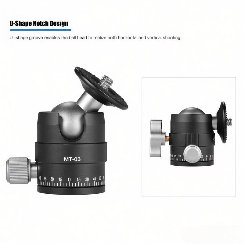 رأس كرة صغير MT-03 لمعدات التصوير الفوتوغرافي (سماعة ثابتة أو محمولة للكاميرات DSLR أو ILDC) من سبيكة الألومنيوم مع فتحة منقوشة على شكل حرف U، قابل للفك السريع، وسعة تحمل أقصى 5 كيلوجرام/11 باوند - Image 3