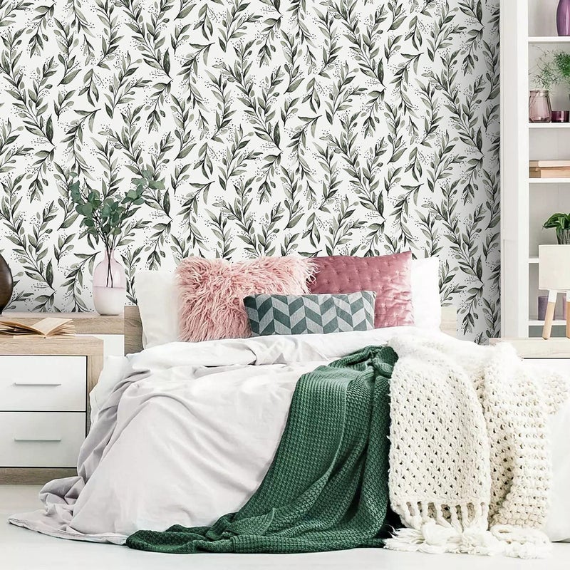 Livebor Green Leaf Peel and Stick Wallpaper Olive Leaf Contact Paper 17.7inch x 118.1inch Sage Green Wallpaper Peel and Stick Eucalyptus Farmhouse Wall Paper Neutral Self Adhesive Decorative Vinyl - Image 2