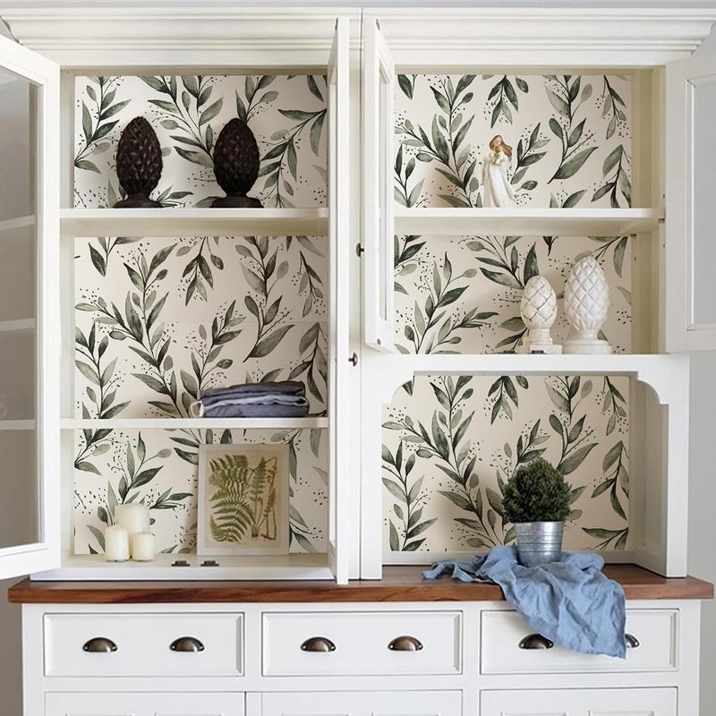 Livebor Green Leaf Peel and Stick Wallpaper Olive Leaf Contact Paper 17.7inch x 118.1inch Sage Green Wallpaper Peel and Stick Eucalyptus Farmhouse Wall Paper Neutral Self Adhesive Decorative Vinyl - Image 5