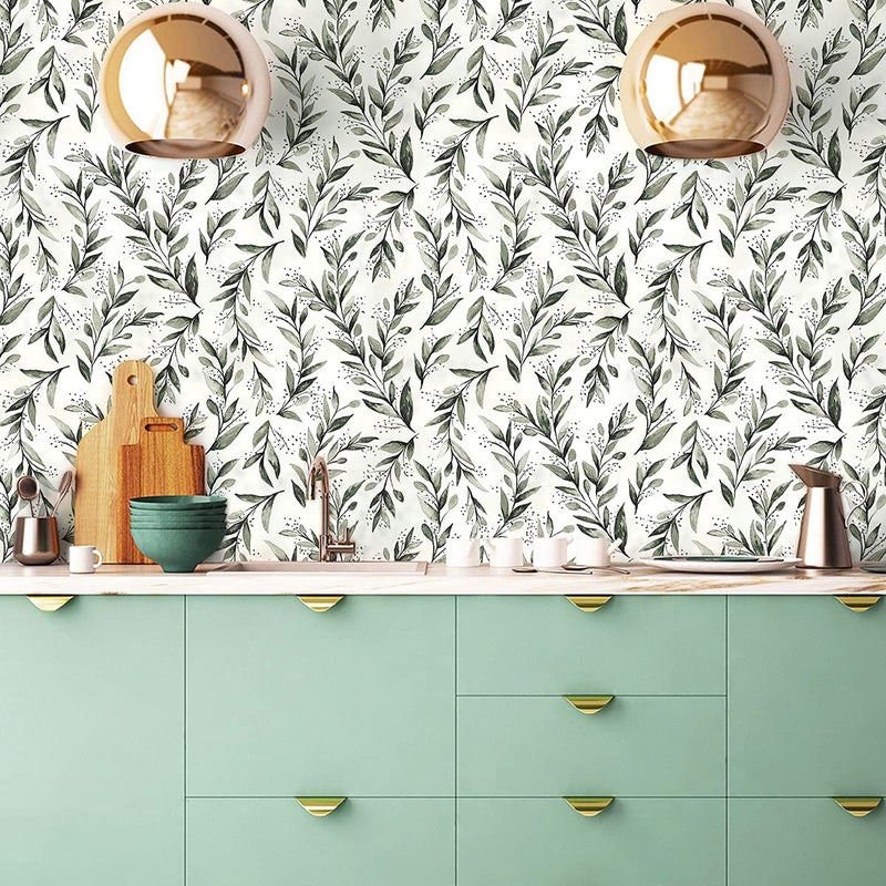 Livebor Green Leaf Peel and Stick Wallpaper Olive Leaf Contact Paper 17.7inch x 118.1inch Sage Green Wallpaper Peel and Stick Eucalyptus Farmhouse Wall Paper Neutral Self Adhesive Decorative Vinyl - Image 3