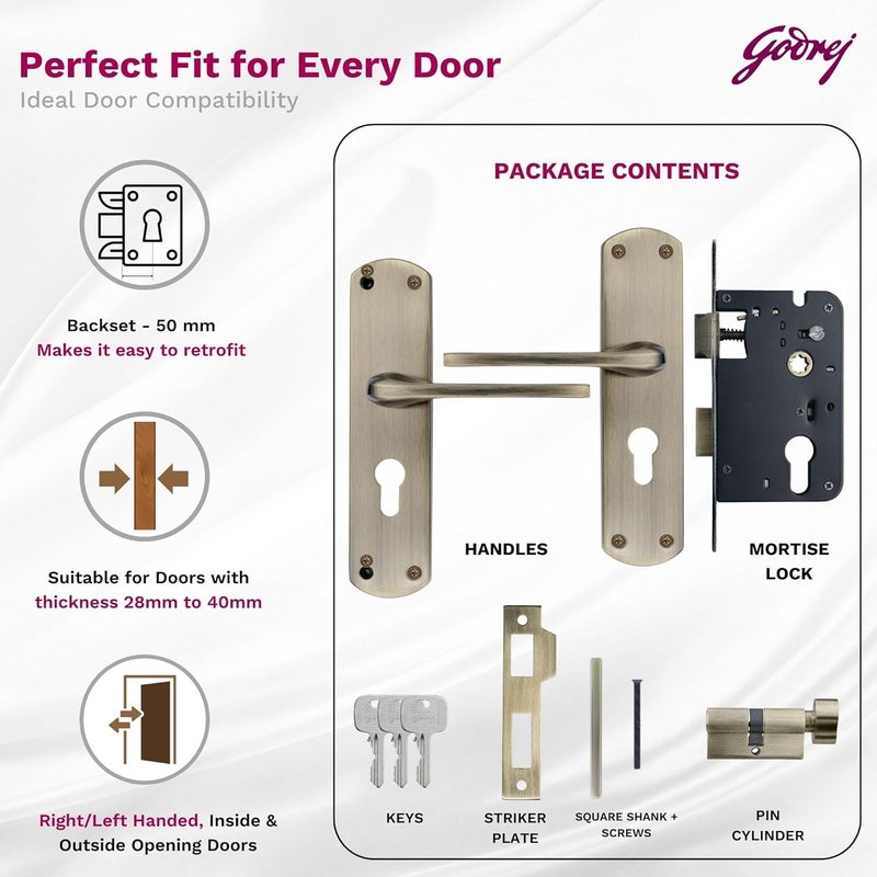 Godrej Locking Solutions and Systems Godrej Mortise Door Lock Handle Set 1CKEM02 Antique Brass Finish6Lever Lock 3 Keys Double Throw5 Handle LeftRight Handed Door OperationMortise Lock with Latch for Home Main Door7696  - Image 5