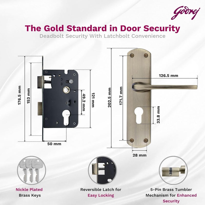 Godrej Locking Solutions and Systems Godrej Mortise Door Lock Handle Set 1CKEM02 Antique Brass Finish6Lever Lock 3 Keys Double Throw5 Handle LeftRight Handed Door OperationMortise Lock with Latch for Home Main Door7696  - Image 4