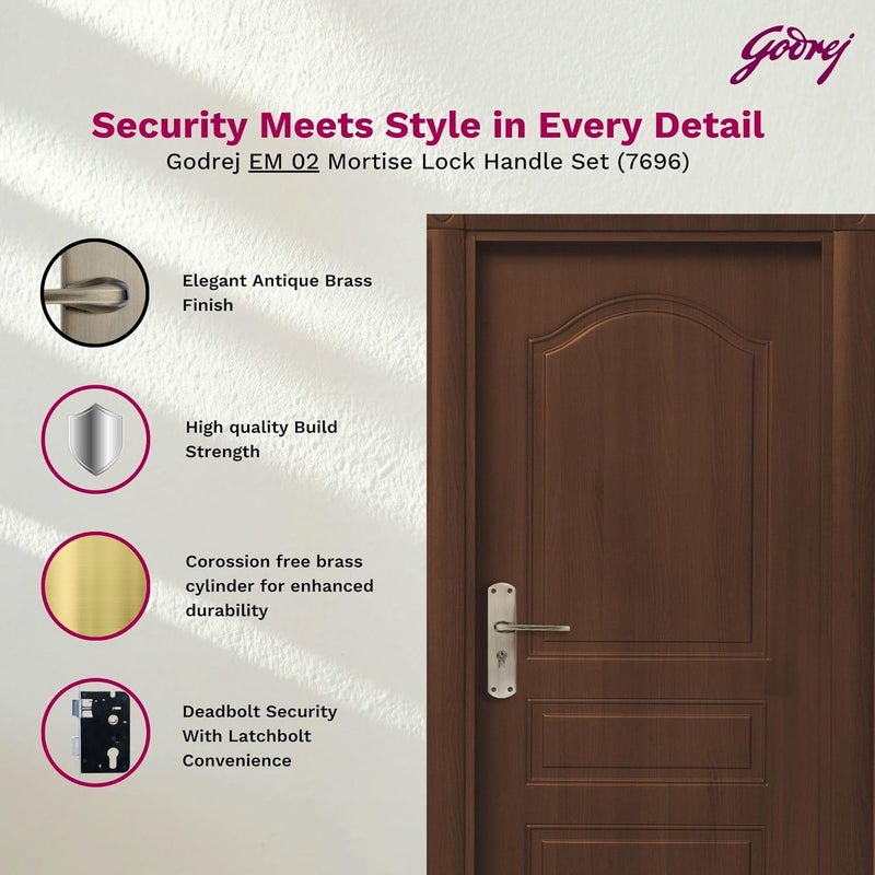 Godrej Locking Solutions and Systems Godrej Mortise Door Lock Handle Set 1CKEM02 Antique Brass Finish6Lever Lock 3 Keys Double Throw5 Handle LeftRight Handed Door OperationMortise Lock with Latch for Home Main Door7696  - Image 3