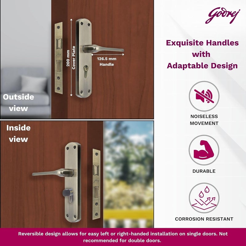 Godrej Locking Solutions and Systems Godrej Mortise Door Lock Handle Set 1CKEM02 Antique Brass Finish6Lever Lock 3 Keys Double Throw5 Handle LeftRight Handed Door OperationMortise Lock with Latch for Home Main Door7696  - Image 2
