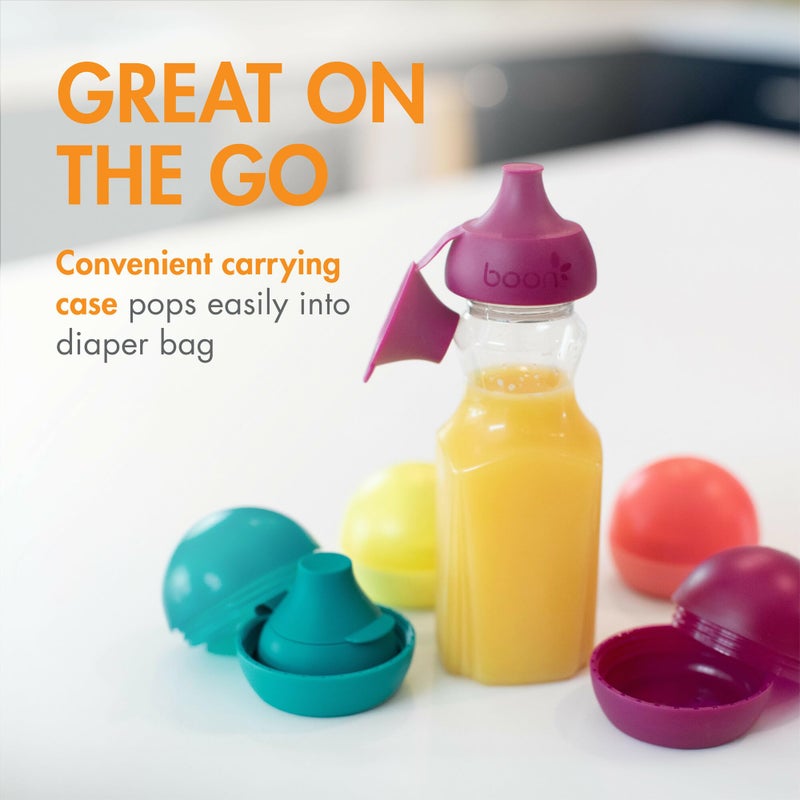 Boon Snug Sip Universal Water and Juice Silicone Bottle Toppers - Soft Spout Conversion Caps with Spill Proof Valves - Silicone Bottle Covers for Travel - Includes 4 Toppers and 4 Cases - Image 4