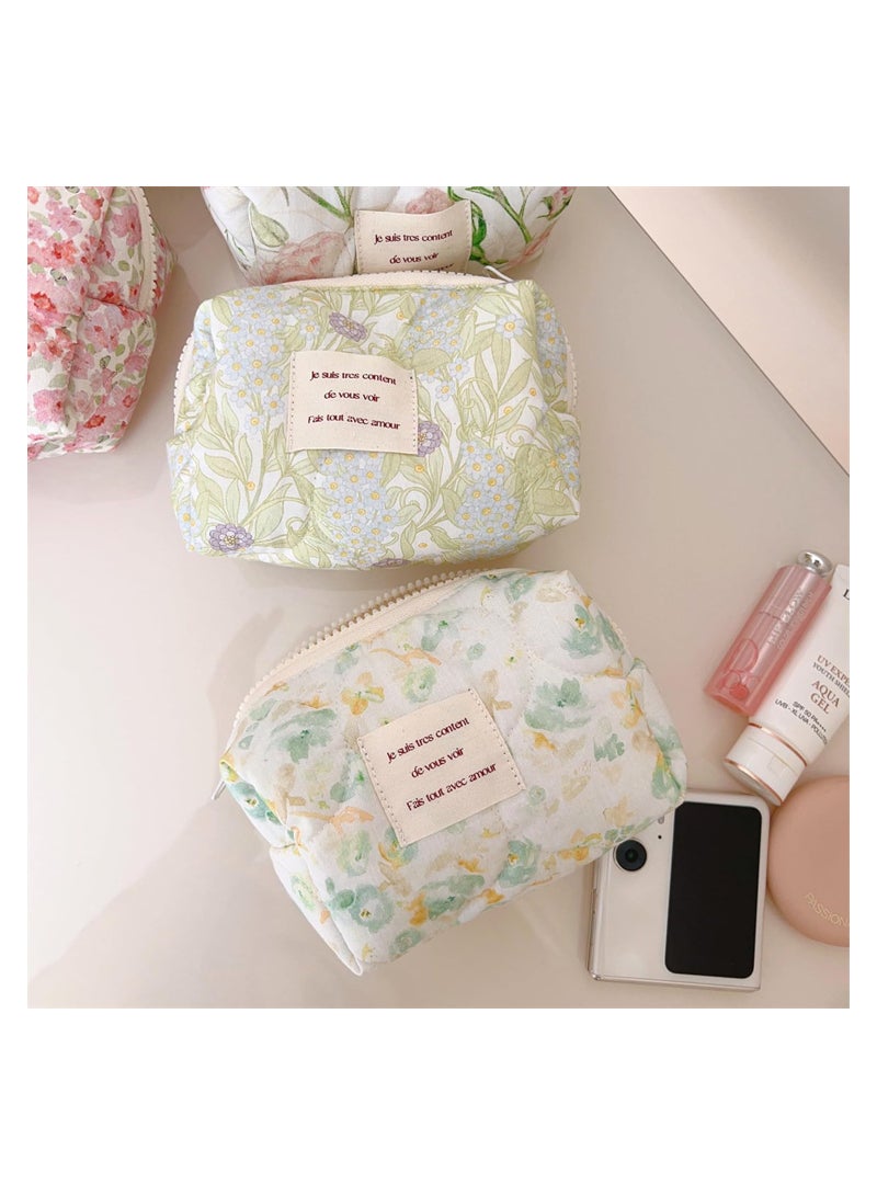 Excefore 2 Pcs Floral Makeup Bag Large Travel Cotton Quilted Cosmetic Makeup Bag Organizer, Lovely Coquette Aesthetic Zipper Portable Pouch Purse Storage Toiletry Bag for Women Girls accessories - Image 4