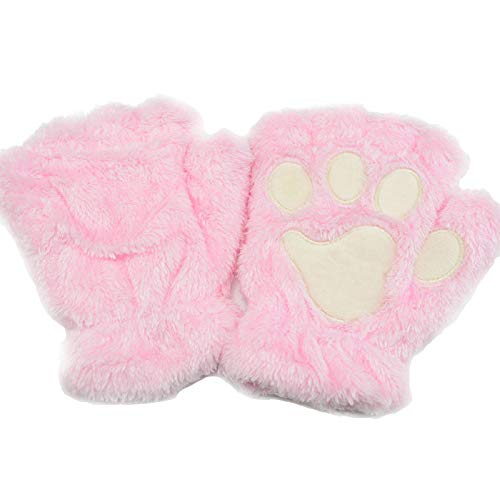 Himine Cat Claw Bear Paw Fingerless Winter Plush Gloves 1*Pair(Pink) - Image 1