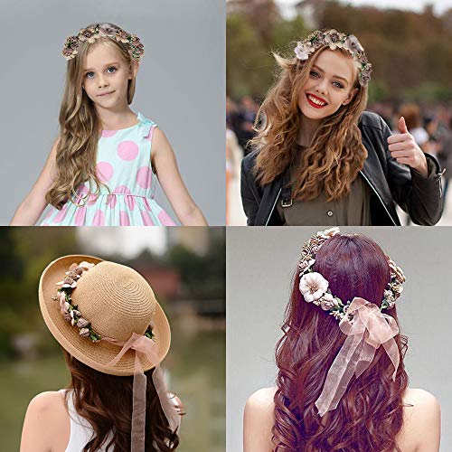 WLBON Flower Crown Headband Wreath Garland Hair Bands Floral Wedding Bridal Hair Hoop Women Leaf Ribbon Party Decoration Headdress Headwear Christmas Handmade Headpiece Hair Accessories 2 Pack Pink - Image 2