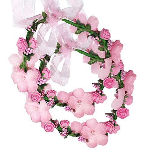 WLBON Flower Crown Headband Wreath Garland Hair Bands Floral Wedding Bridal Hair Hoop Women Leaf Ribbon Party Decoration Headdress Headwear Christmas Handmade Headpiece Hair Accessories 2 Pack Pink - Image 1