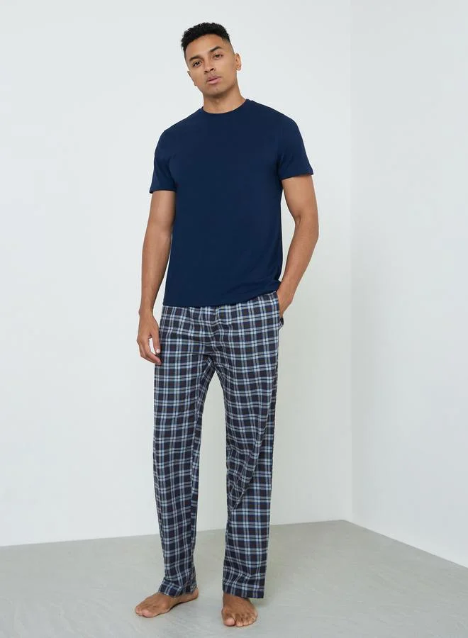 Styli Men Solid Cotton T-Shirt and Checked Pyjama Set