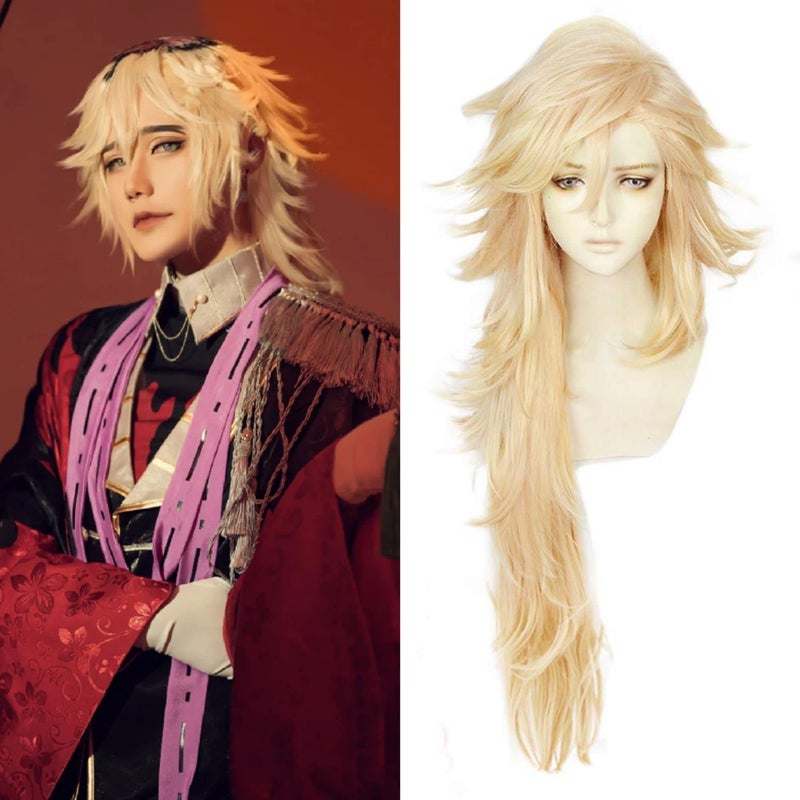 ANOGOL Long Blonde Wig With Bangs Golden Orange Wavy Wig for Men Women Anime Cosplay Party Halloween Costume Outfit