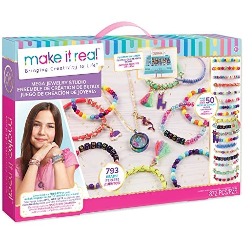 Make It Real Mega Jewelry Studio|Create 50 Pieces of Jewelry|872 Pcs of Beads,Gems,Waxed Cord,Charms,Metal Locket,Gold Curb Chain,Tassels,Jump Rings,Bead Mat|DIY Arts & Crafts, Girls 8+|Made in India - Image 1