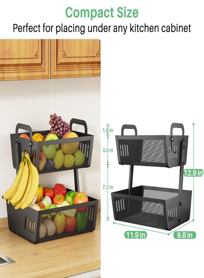 SAYZH Fruit Basket Bowls For Kitchen Counter with Banana Hangers - Detachable Metal Mesh Basket Fruit Stand with Handle - Kitchen Vegetables Bread Snacks Storage Organization, 2 Tier Black - Image 3