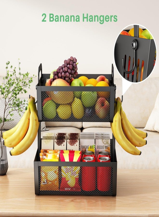 SAYZH Fruit Basket Bowls For Kitchen Counter with Banana Hangers - Detachable Metal Mesh Basket Fruit Stand with Handle - Kitchen Vegetables Bread Snacks Storage Organization, 2 Tier Black - Image 4