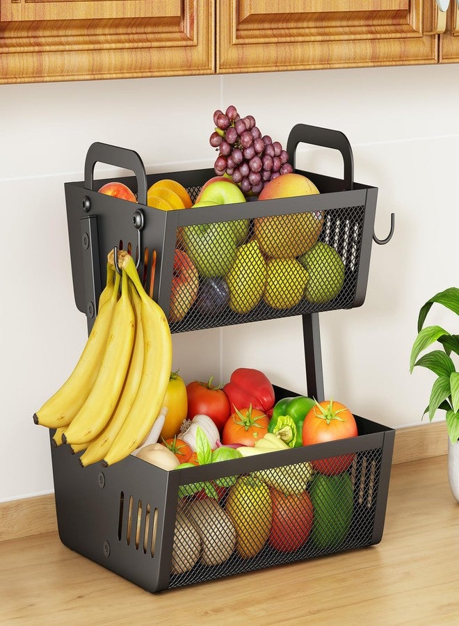 SAYZH Fruit Basket Bowls For Kitchen Counter with Banana Hangers - Detachable Metal Mesh Basket Fruit Stand with Handle - Kitchen Vegetables Bread Snacks Storage Organization, 2 Tier Black - Image 1