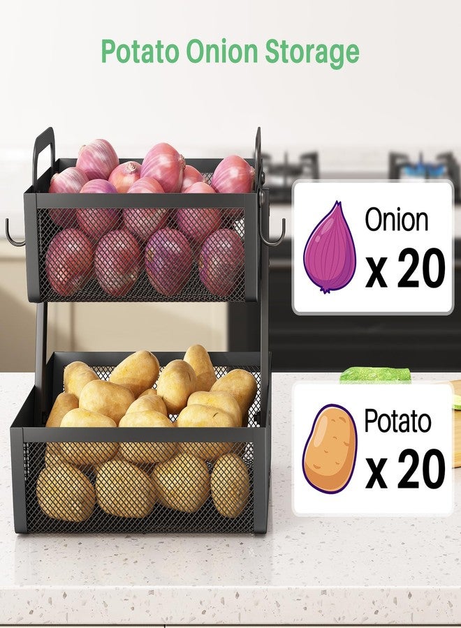 SAYZH Fruit Basket Bowls For Kitchen Counter with Banana Hangers - Detachable Metal Mesh Basket Fruit Stand with Handle - Kitchen Vegetables Bread Snacks Storage Organization, 2 Tier Black - Image 5