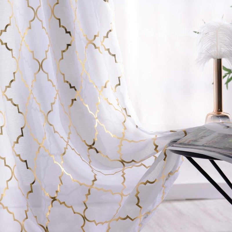 YJ YANJUN White and Gold Sheer Curtains 108 inches Long Metallic Foil Rod Pocket Sheer Drapes 2 Panels 52 x 108 Inches White Gold