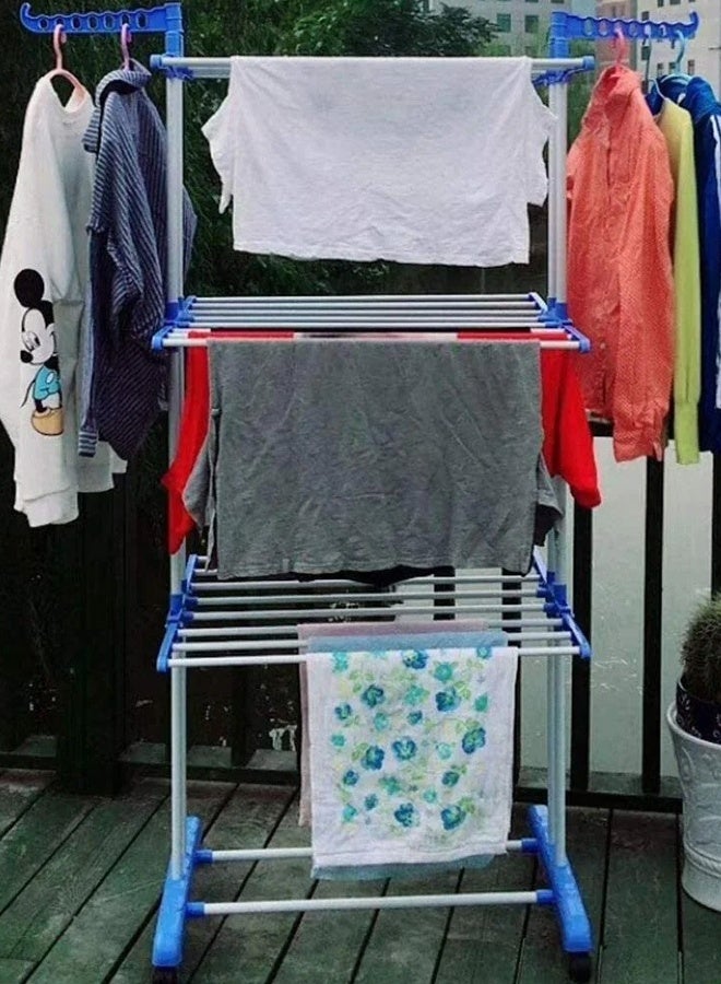 CATANES Foldable Clothes Airer Drying Rack with Caster Lockable Wheels Stainless Steel Folding Wings on 3 Drying Levels for Indoor and Outdoor Use / Blue Color  - Image 4